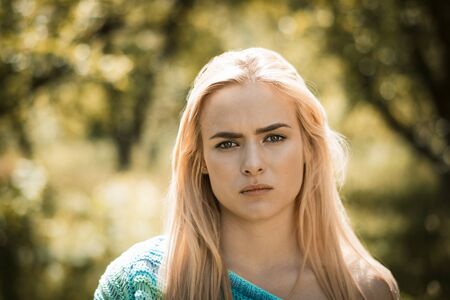 Calm Young Blonde Woman In Nature, Front View Portrait Of Lady In Casual Wear With Long Hair And...