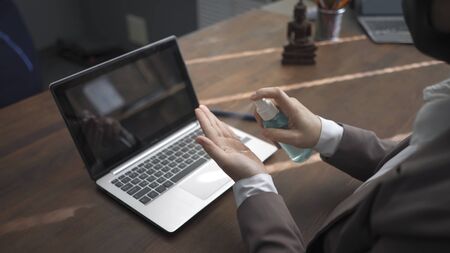 Business Womans Hands Holding Sanitizer, Woman In Formalwear Using Hand Sanitizer Sprays While...