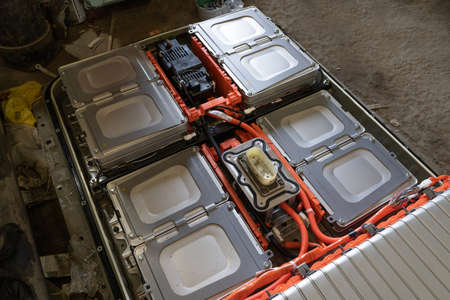 Demounted battery from electric car Nissan Leaf. Cells of high voltage batterie. Zero emition...