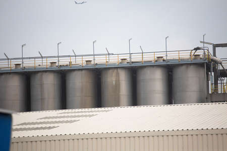 Structure of tanks for oil storage and processing. Chemical refinery. April, 2013. Vienna, Austria.