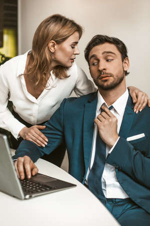 Female Head of office embraced the male employee working at his workplace. Seducing a subordinate in...