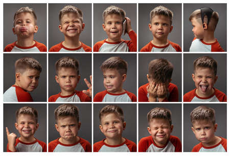 Cute boy, set of different emotions, collage on white background. Collage about funny teenager, expressions set over grey background. Handsome little boy posing in studio.の写真素材