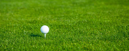 Golf Ball on a Tee in Low Grass on a Golf Course on a Sunny Day. Copy Space. Close-up. High quality photoの写真素材