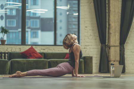 Young Woman Doing Yoga Asana Cobra on Yoga Mat on the Floor at Home. Home Workout, Strengthening the Back Muscles. Close-up. High quality photoの写真素材