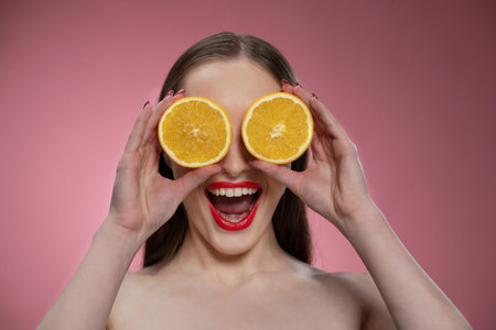 Funny beautiful beauty model young woman holding two juicy orange slices as her eyes or glasses. Charming joyful funny lady with red lips and long hair isolated on pink background.の写真素材
