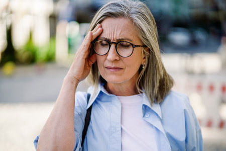 Feeling hard headache, migraine mature grey haired woman 50s, 60s, standing outdoors holding her head. Suffering from summer teat feeling sick while travel mature woman standing outdoor.の写真素材