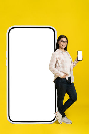 Looking at camera asian woman leaned on big smartphone with white screen showing phone in her hand wearing casual isolated on yellow background. Copy space on right, phone mock up.の写真素材