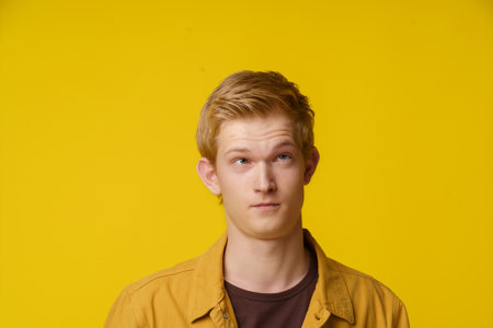 A Frivolous Teenage Student Is Fooling Around in A Denim Jacket on A Yellow Background. Making Faces. High quality photoの写真素材