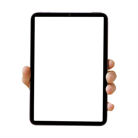 Blank tablet screen held by a mans hand against a white background, perfect for showcasing technology and digital concepts. High quality photoの写真素材