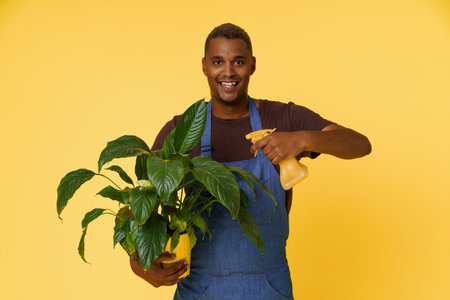 Happy African man splashing water on home flower with copy space on yellow background. Concept for nature, plant care, and gardening. High quality photoの写真素材