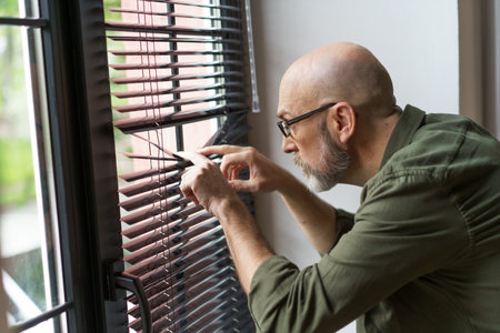 Concept of neighbors through perspective of old man standing near window and watching outside world. Seniors curiosity and engagement with the community around him. . High quality photoの写真素材