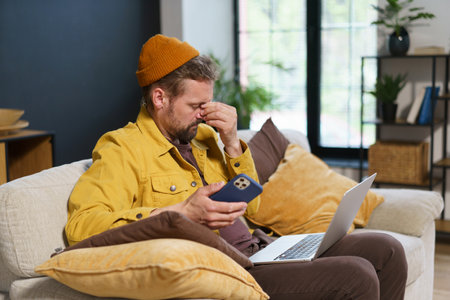 Tired man in feeling headache while holding hand on head with closed eyes. He sit home with mobile phone in hand and laptop on knees, suggesting he overwhelmed with work from home and multitasking. . High quality photoの写真素材