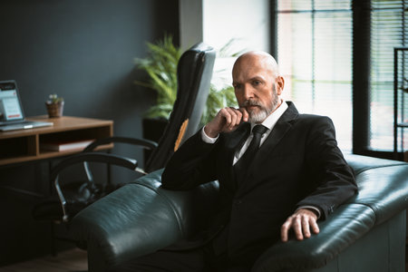 Sad mature man dressed in suit, sitting in chair, deep in thought. Essence of his introspection and contemplation, highlighting his profound wisdom and business acumen. . High quality photoの写真素材