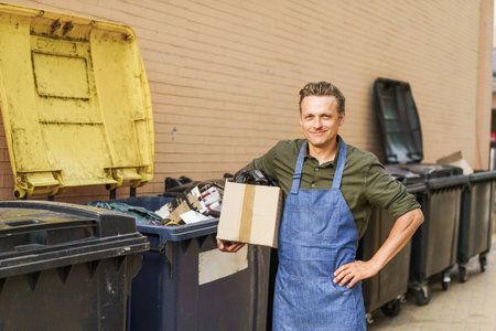 Garbage sorting with blond smiling man wearing blue apron. Man holds box filled with garbage near city trash can in back yard. Importance of responsible waste management and recycling practices. . High quality photoの写真素材