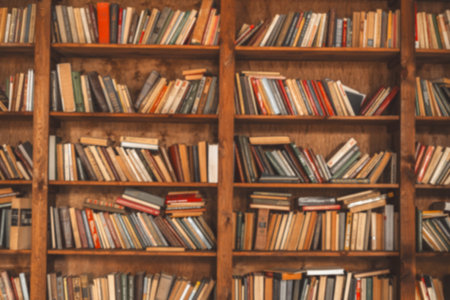 Wooden Shelf Filled With Books Is Presented In Library, With Front View And Blurred Image, Contributing To Historical Literature Concept. Vintage, Antiquarian Essence Of Aged And Worn Books, Classical Setting. High quality photoの写真素材