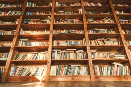 Vintage Library With Bottom View Of Library Shell Featuring Old Shabby Books. Blurred Image Adds Timeless And Classical Touch To Scene, Emphasizing Aged And Worn Characteristics Of Antique Books. Historic And Bookish Atmosphere. High quality photoの写真素材