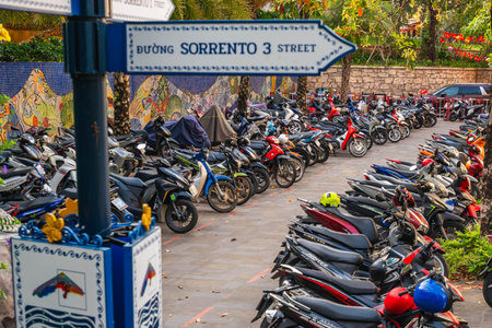 Motorbike Parking on Sorrento 3 Street in Sunset Town Phu Quocのeditorial素材