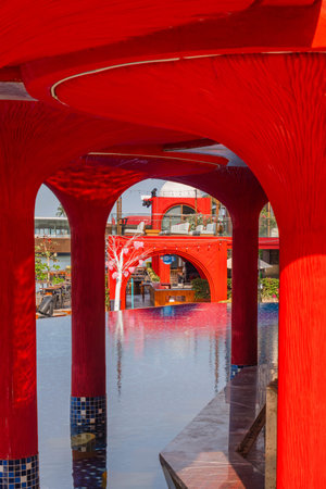 Luxury Infinity Pool with Red Organic Architecture in Sunset Town Phu Quocのeditorial素材