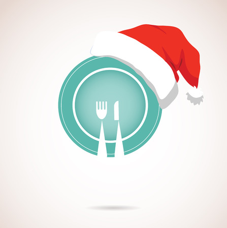 christmas dinner  plate wearing christmas red hat のイラスト素材