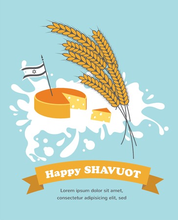 Jewish holiday Shavuot. Cheese and wheat on milk splash backgroundのイラスト素材