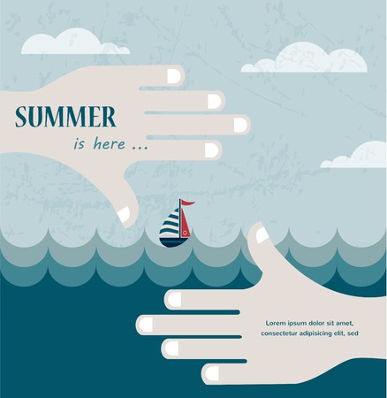 Hands shaped in viewfinder or frame with a summer sea view   illustrationのイラスト素材