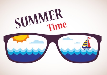 Summer Time, sunglasses with summer view of ocean, sea and boatのイラスト素材