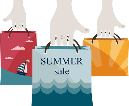 hands holding shopping bags to promote sales  summer big saleのイラスト素材