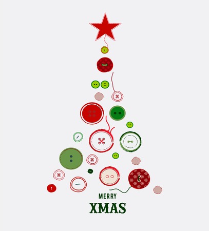 Christmas tree Merry Christmas with a signature made in the texture of embroidery, a bow in the form of  strings and balls in the form of buttonsのイラスト素材