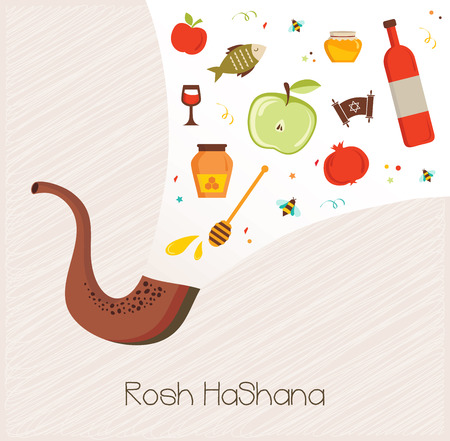 shofar ,horn, with set of icons over textured background. のイラスト素材