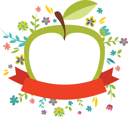 fresh  spring flowers around an green appleのイラスト素材