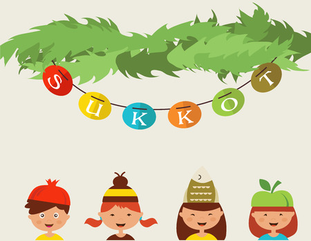 happy sukkot.  kids with costume hats in traditional sukkahのイラスト素材