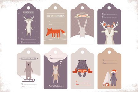 collection of 8 craft christmas gift tags with ccute animals. illustrationのイラスト素材