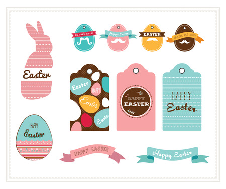 Colorful Happy  Easter collection of icons with rabbit, bunny, eggs and bannersのイラスト素材