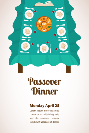 Passover  dinner , seder pesach. table with passover plate and traditional foodのイラスト素材