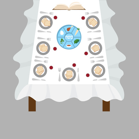 Passover  dinner , seder pesach. table with passover plate and traditional foodのイラスト素材