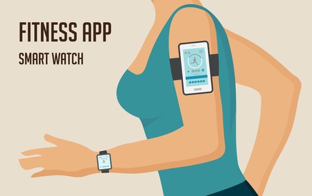 Running girl with  a smartphone attached to the shoulder. Sports or fitness tracking app for running people. Vector illustrationのイラスト素材