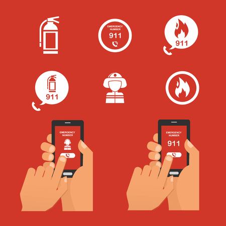 Emergency fire alert via telephone. Set of Fire Emergency Icon. vector illustrationのイラスト素材