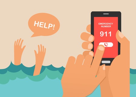 drowning man screaming for help. hands press emergency number 911 on a mobile phone. vector illustrationのイラスト素材