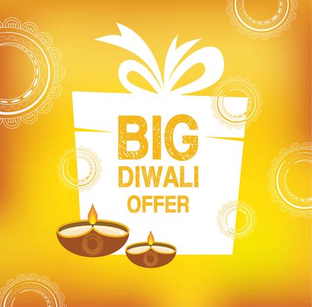 Yellow color vector card design for Diwali festival poster with traditional lamps and white gift. vector illustrationのイラスト素材