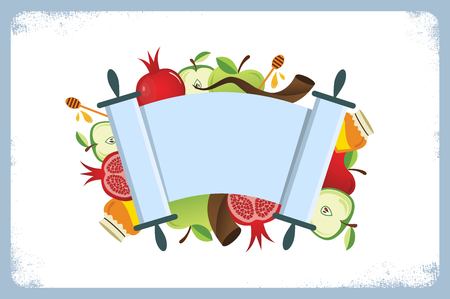 card for Jewish holiday Rosh Hashana with traditional symbols. vector illustrationのイラスト素材