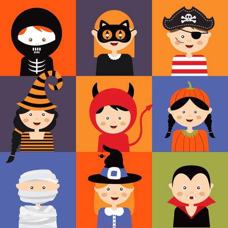 Happy Halloween. Set of cute cartoon children in colorful halloween costumes.vector illustrationのイラスト素材