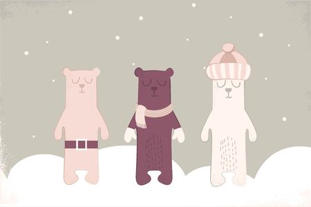 Christmas card of three polar bears with scarf. vector illustrationのイラスト素材