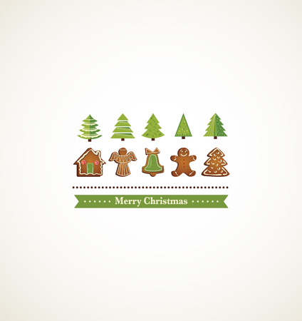 happy holiday card with christmas trees and gingerbread cookies. illustrationのイラスト素材