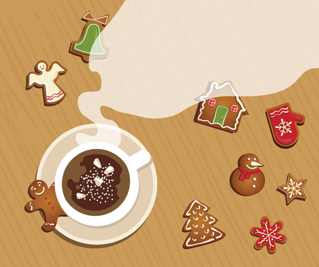 top view of Christmas celebration table with hot cocoa and gingerbread cookies . vector illustrationのイラスト素材