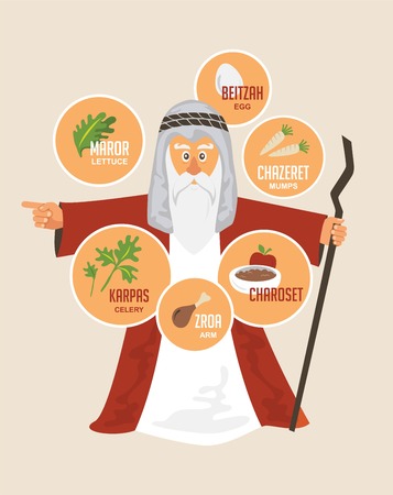 Moses over traditional Passover food. Jewish holiday illustrationのイラスト素材