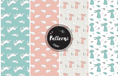 set of childish patterns with cute rabbitsのイラスト素材