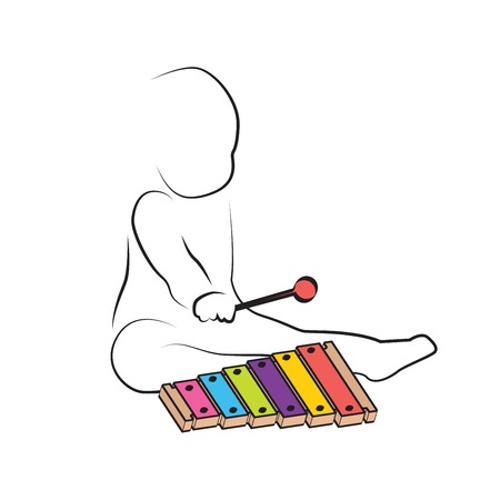 Kid playing xylophone, child development and educational games . kids intellectual growth and silhouettes of playing kidのイラスト素材