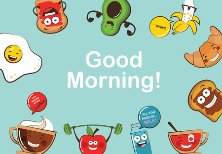 set of funny breakfast food icons. Cartoon face food emoji. Funny food concept.のイラスト素材
