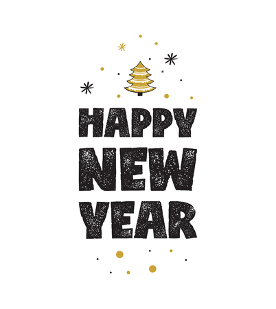Happy New Year typographic text design. Black, white and gold. Usable for banners, greeting cards, gifts. vector illustrationのイラスト素材