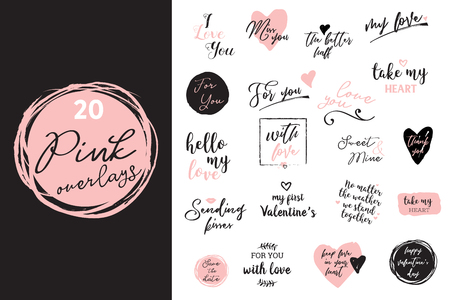 set of black, white and pink love lettering, for valentines day design poster, greeting card, photo album, banner, calligraphy vector illustration collectionのイラスト素材